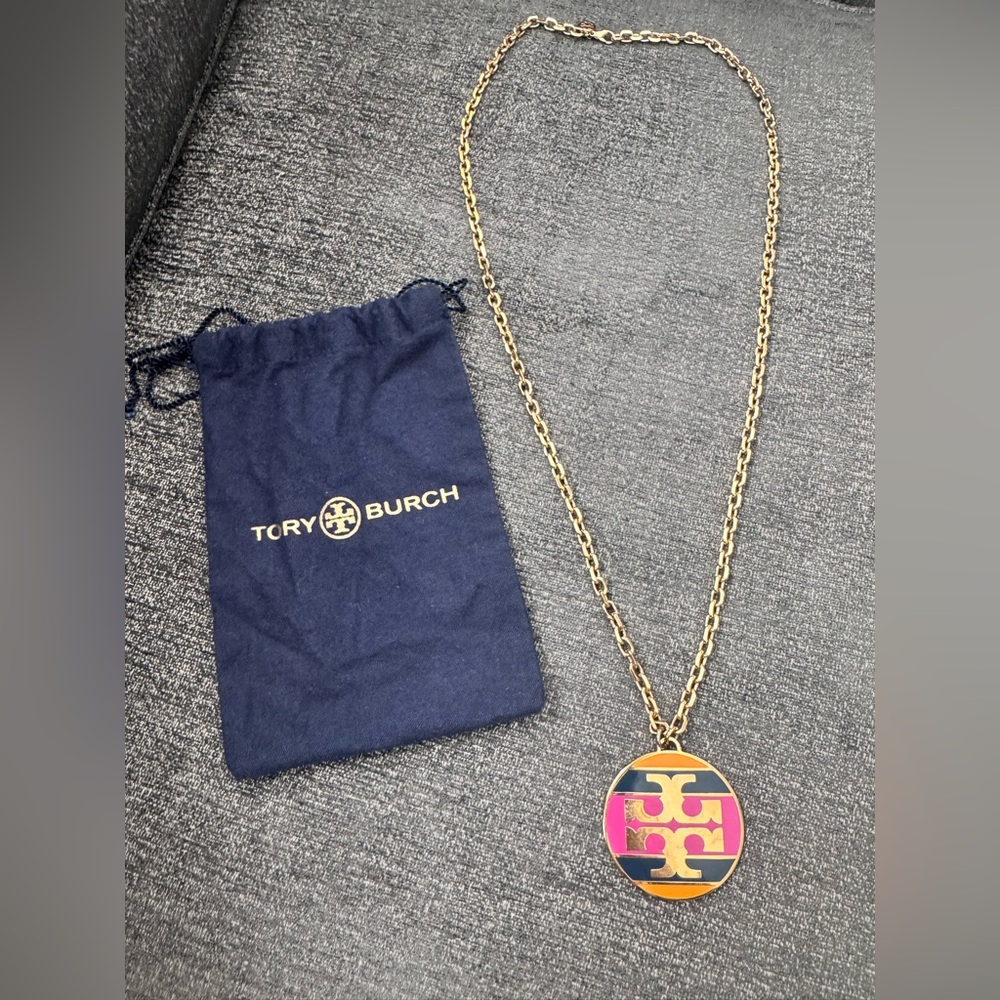 Tory Burch Gold Necklace with Pink, Orange and Navy Pendant